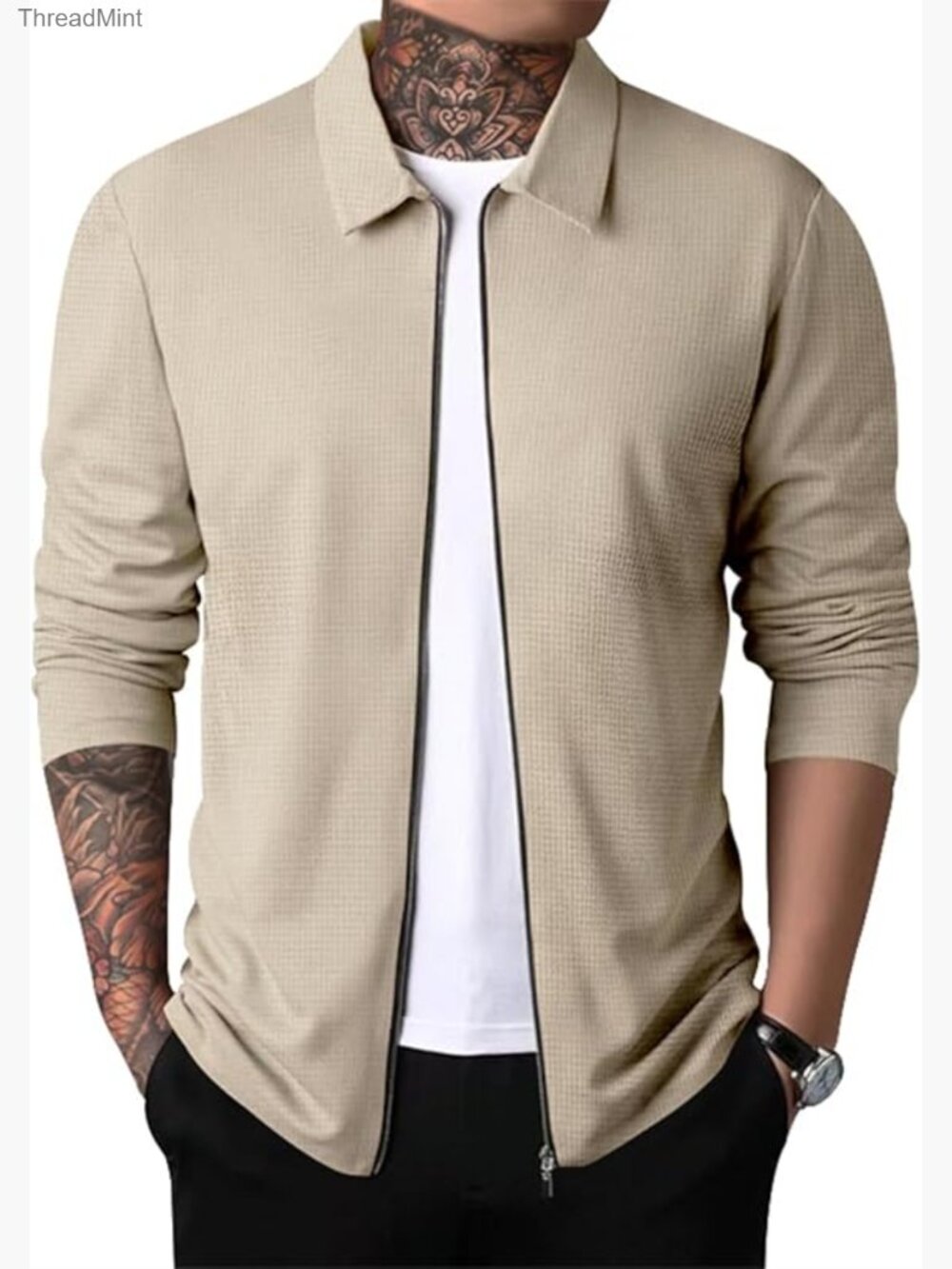 Men's Waffle Cardigan Long Sleeve Zipper Closure Lightweight Jacket